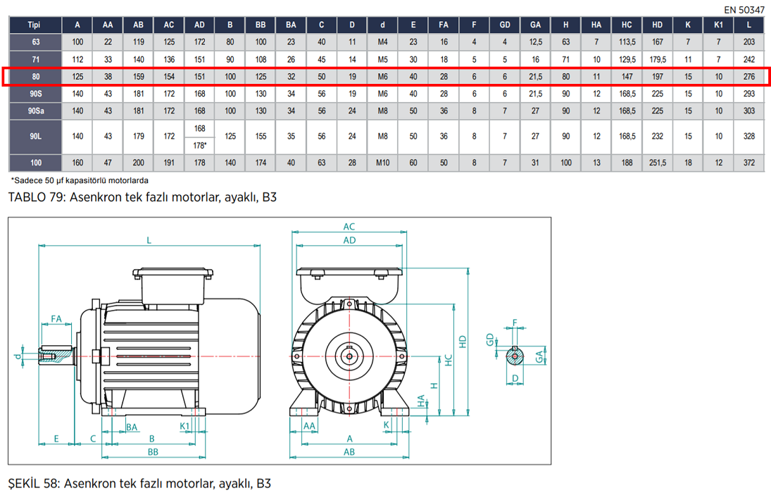 VOLT 0.55 kw 3000 D/D (VSSA 80 M2D) 220 volt Monofaze Elektrik Motoru B3 Ayaklı Mekanik Değerler Tablosu